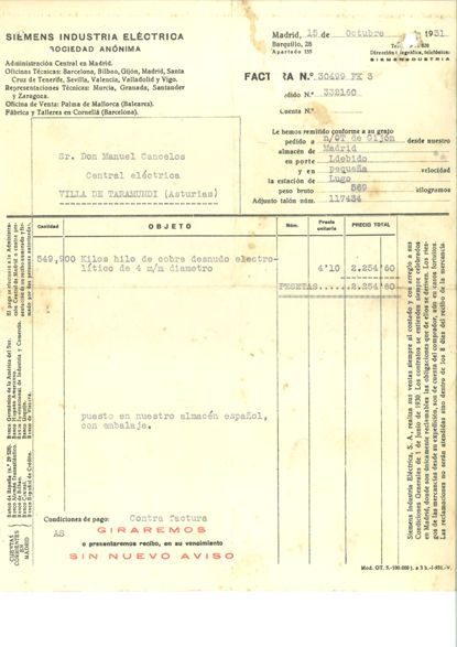 Factura de compra del alambre de cobre para las lineas en 1931