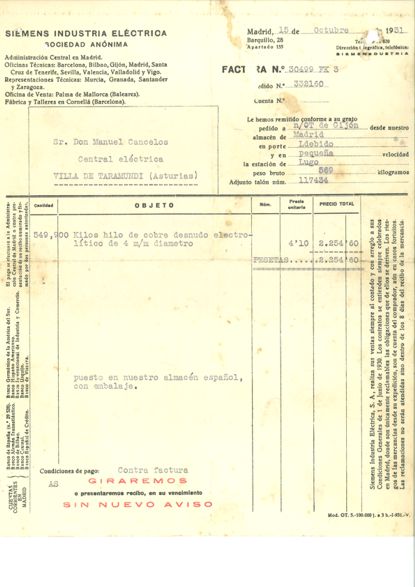 Factura de compra del alambre de cobre para las lineas en 1931 Factura de compra del alambre de cobre para las lineas en 1931