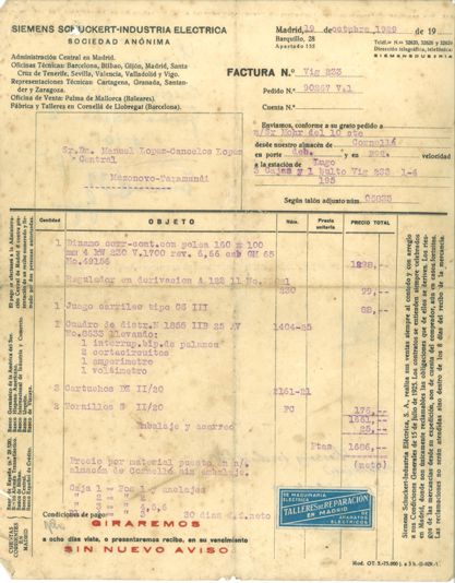 Factura de compra de la dinamo en 1929